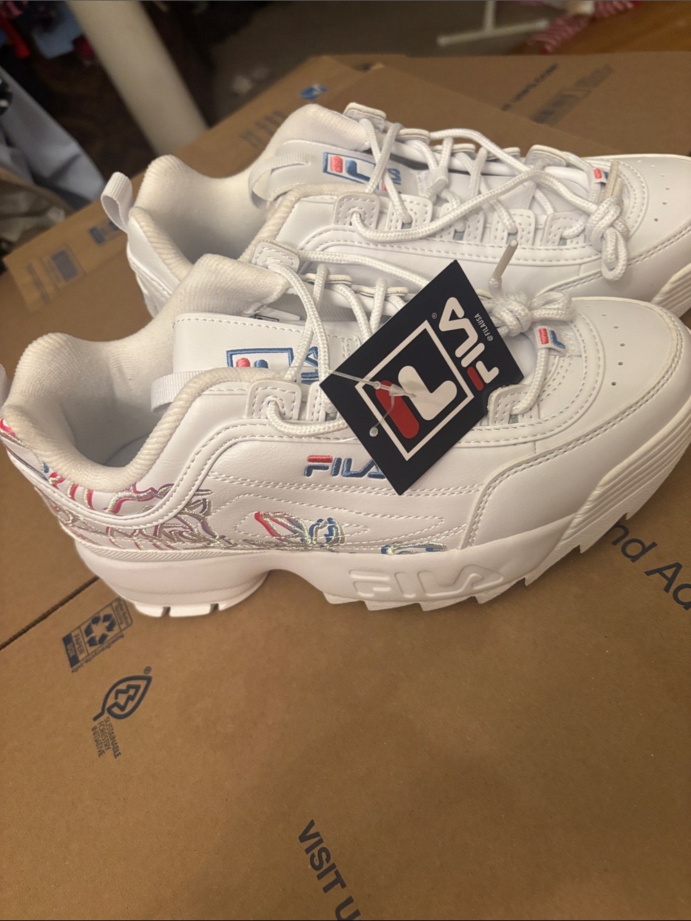 NWT FILA Disrupter ll White Sneakers with Pink and Blue Embroidered Stitching
